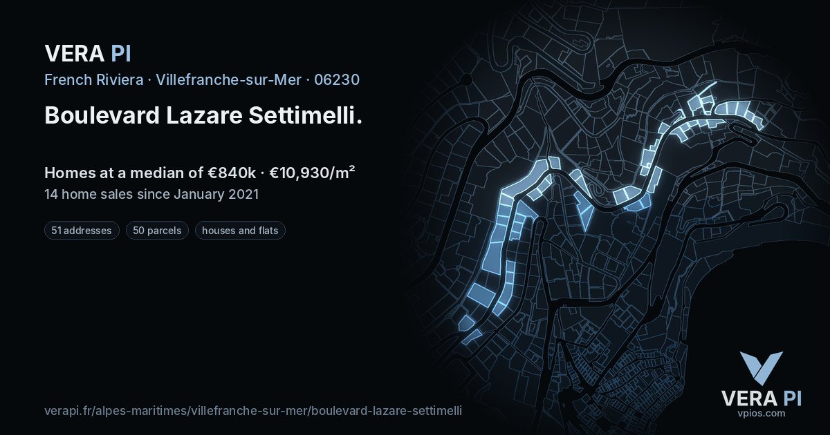 Boulevard Lazare Settimelli, Villefranche-sur-Mer at night – every parcel coloured by the prices around it, the street's own parcels lit