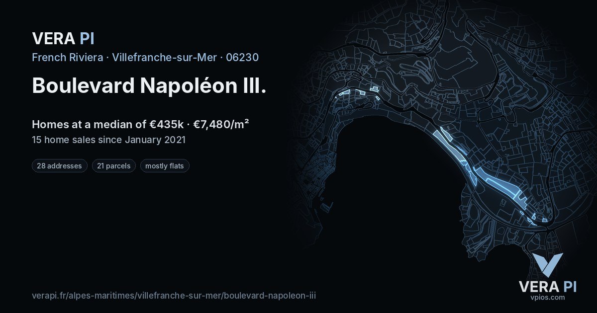 Boulevard Napoléon III, Villefranche-sur-Mer at night – every parcel coloured by the prices around it, the street's own parcels lit