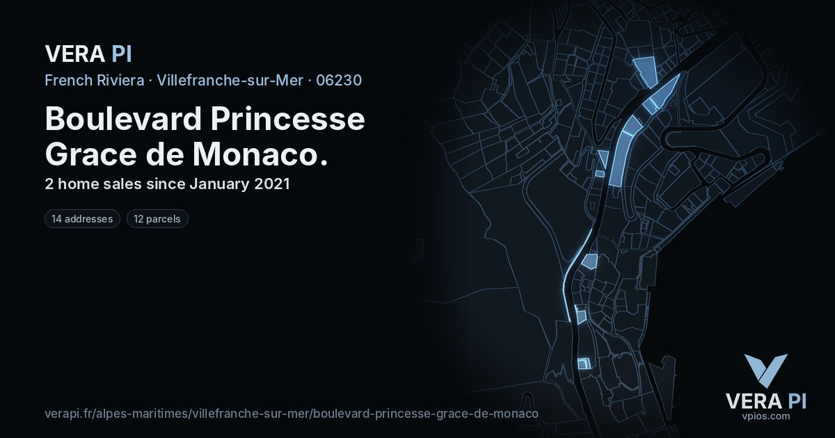 Boulevard Princesse Grace de Monaco, Villefranche-sur-Mer at night – every parcel coloured by the prices around it, the street's own parcels lit