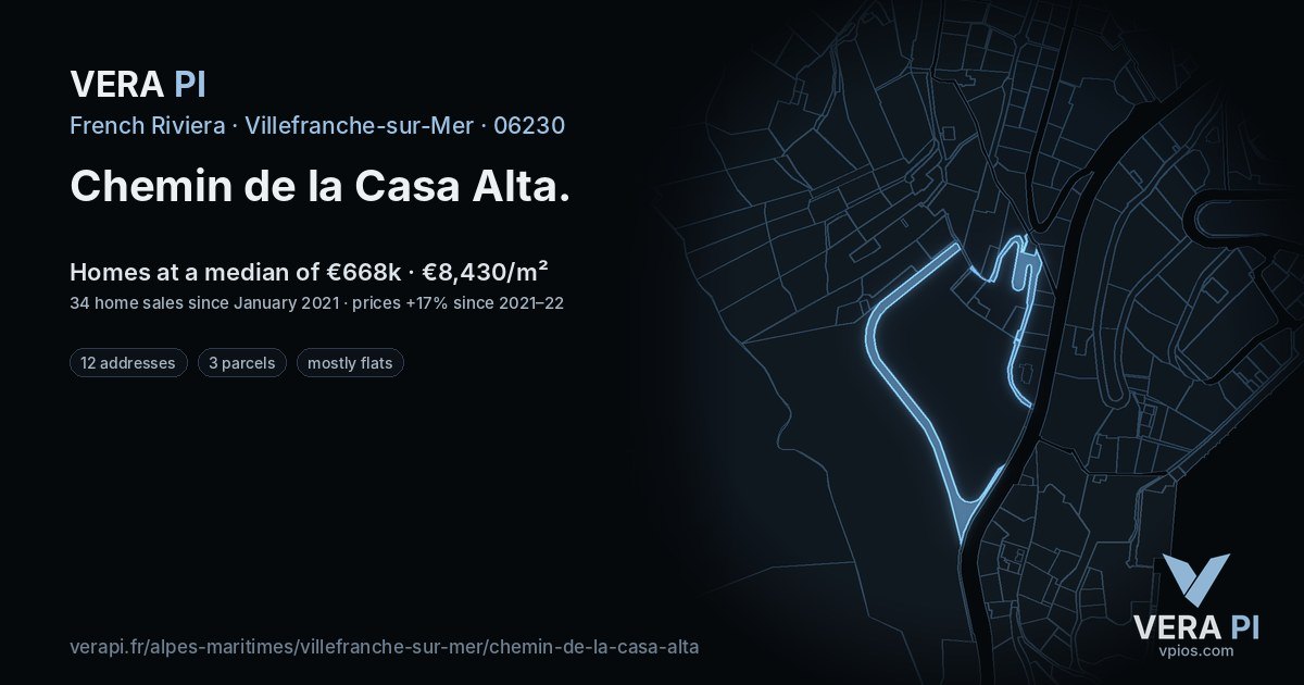 Chemin de la Casa Alta, Villefranche-sur-Mer at night – every parcel coloured by the prices around it, the street's own parcels lit