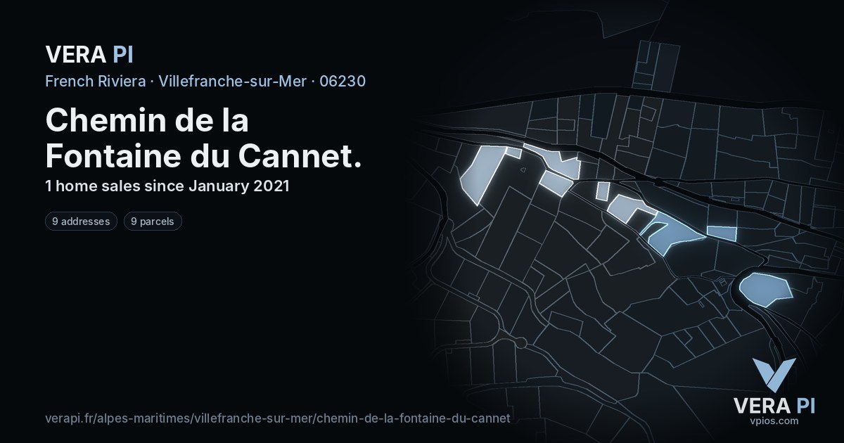 Chemin de la Fontaine du Cannet, Villefranche-sur-Mer at night – every parcel coloured by the prices around it, the street's own parcels lit