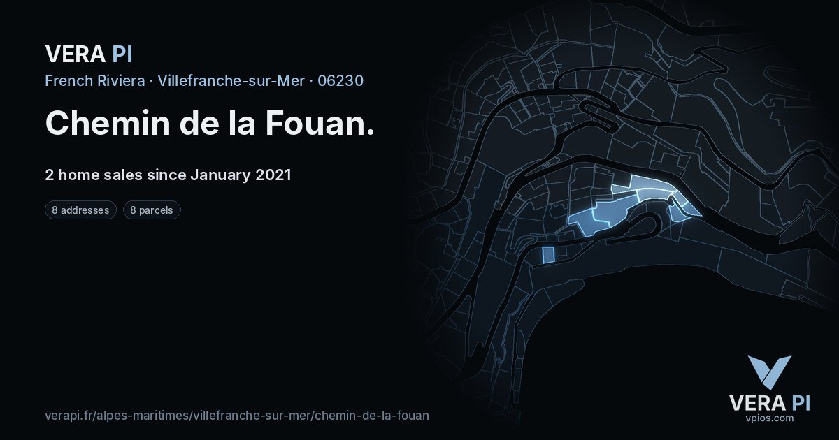 Chemin de la Fouan, Villefranche-sur-Mer at night – every parcel coloured by the prices around it, the street's own parcels lit