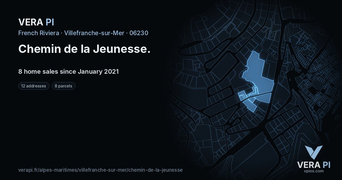 Chemin de la Jeunesse, Villefranche-sur-Mer at night – every parcel coloured by the prices around it, the street's own parcels lit