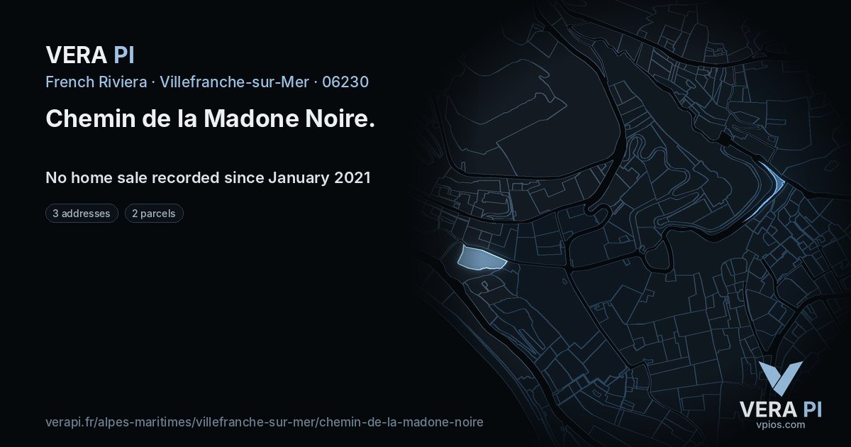 Chemin de la Madone Noire, Villefranche-sur-Mer at night – every parcel coloured by the prices around it, the street's own parcels lit