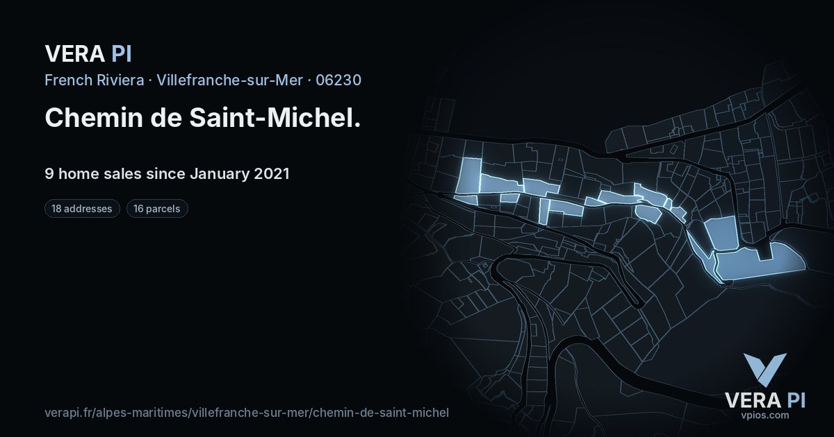 Chemin de Saint-Michel, Villefranche-sur-Mer at night – every parcel coloured by the prices around it, the street's own parcels lit