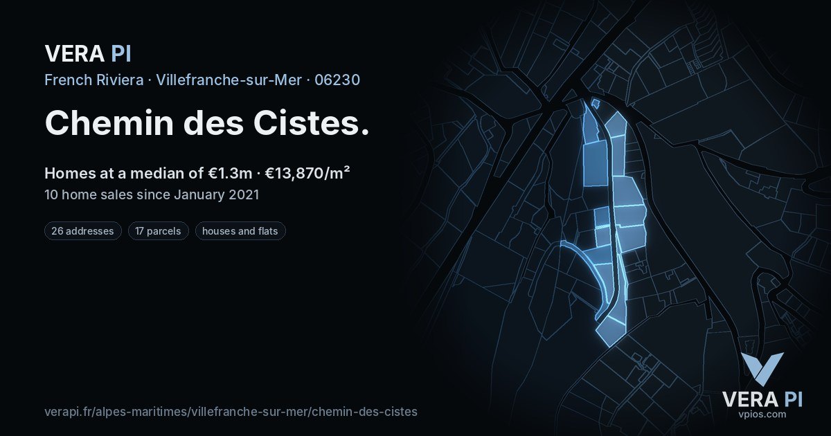 Chemin des Cistes, Villefranche-sur-Mer at night – every parcel coloured by the prices around it, the street's own parcels lit