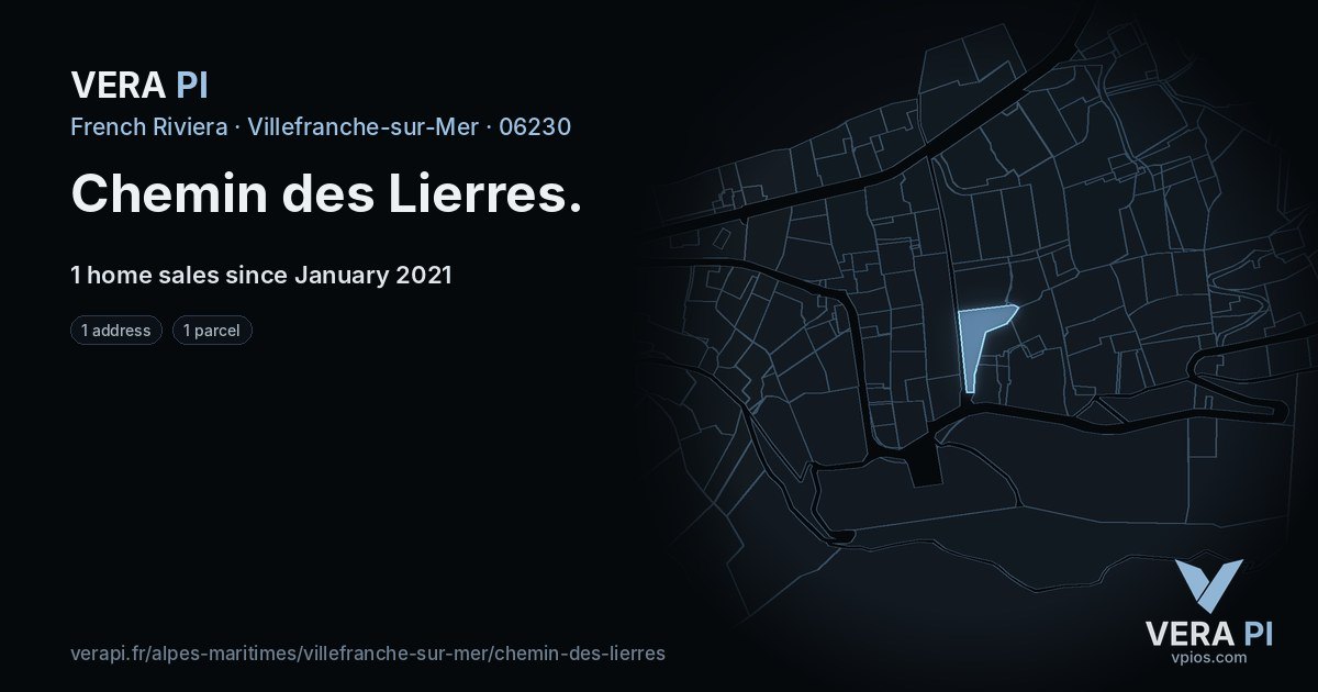 Chemin des Lierres, Villefranche-sur-Mer at night – every parcel coloured by the prices around it, the street's own parcels lit