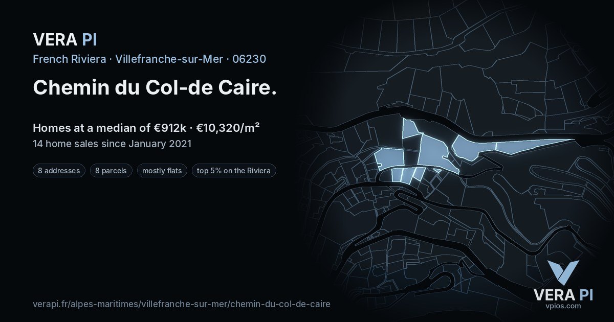 Chemin du Col-de Caire, Villefranche-sur-Mer at night – every parcel coloured by the prices around it, the street's own parcels lit
