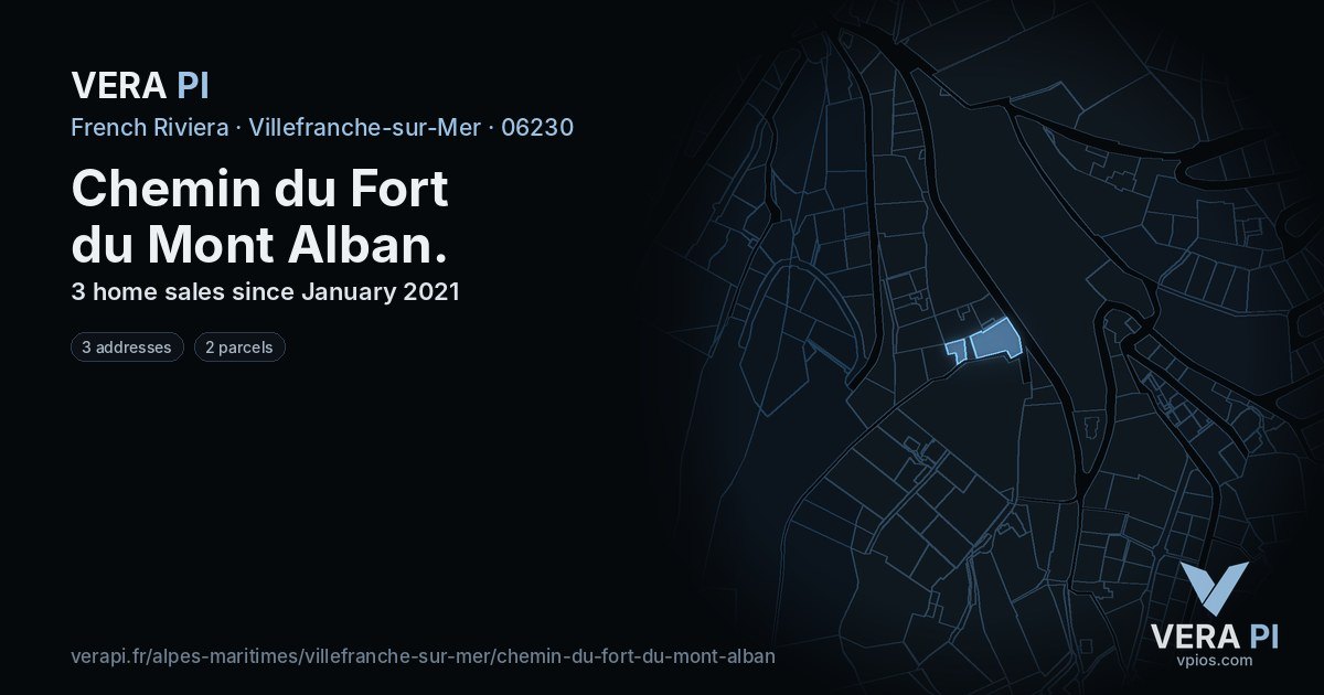 Chemin du Fort du Mont Alban, Villefranche-sur-Mer at night – every parcel coloured by the prices around it, the street's own parcels lit
