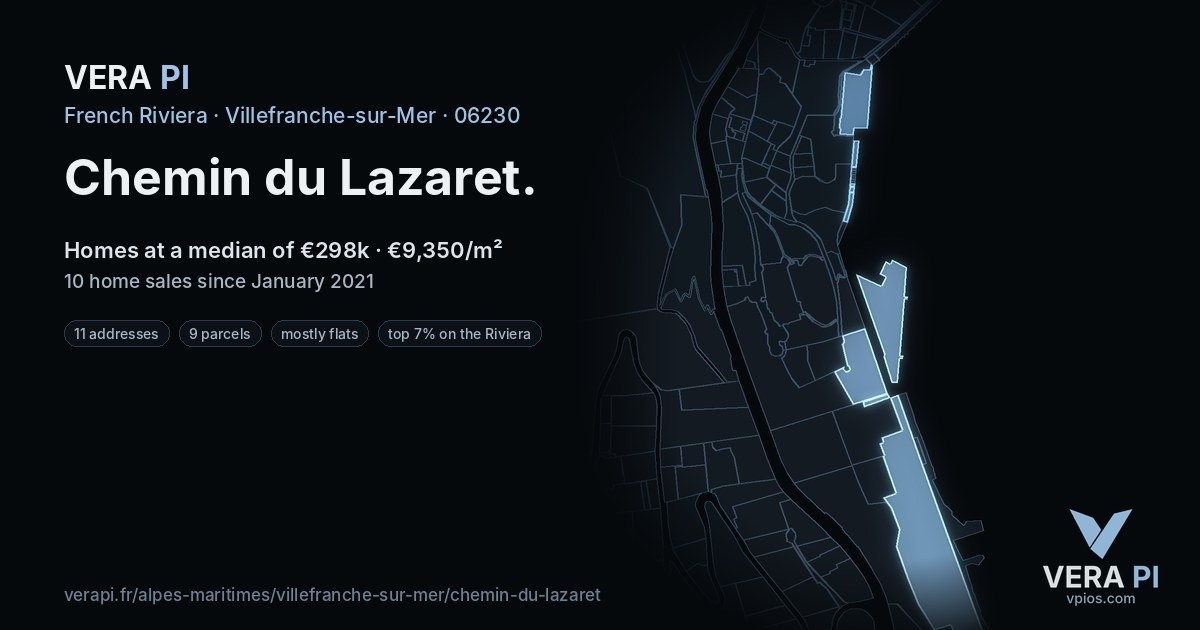 Chemin du Lazaret, Villefranche-sur-Mer at night – every parcel coloured by the prices around it, the street's own parcels lit