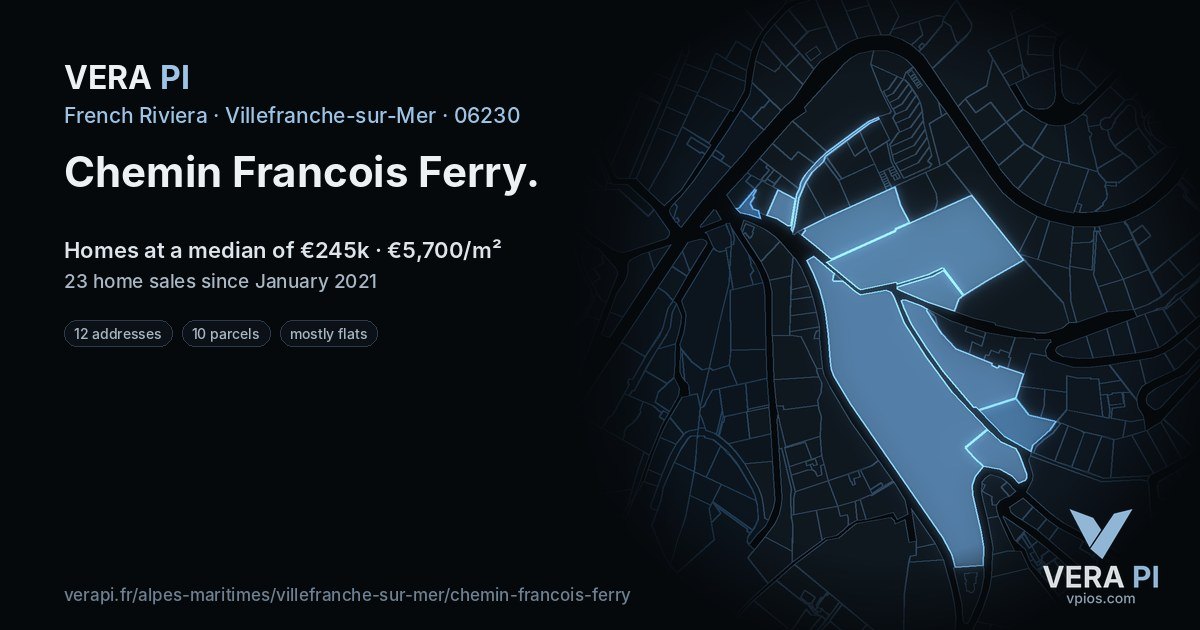 Chemin Francois Ferry, Villefranche-sur-Mer at night – every parcel coloured by the prices around it, the street's own parcels lit