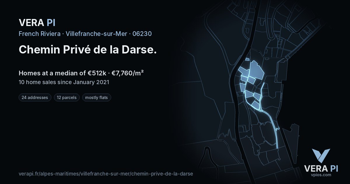 Chemin Privé de la Darse, Villefranche-sur-Mer at night – every parcel coloured by the prices around it, the street's own parcels lit