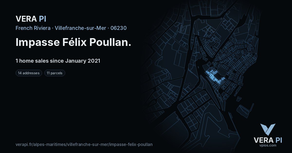 Impasse Félix Poullan, Villefranche-sur-Mer at night – every parcel coloured by the prices around it, the street's own parcels lit