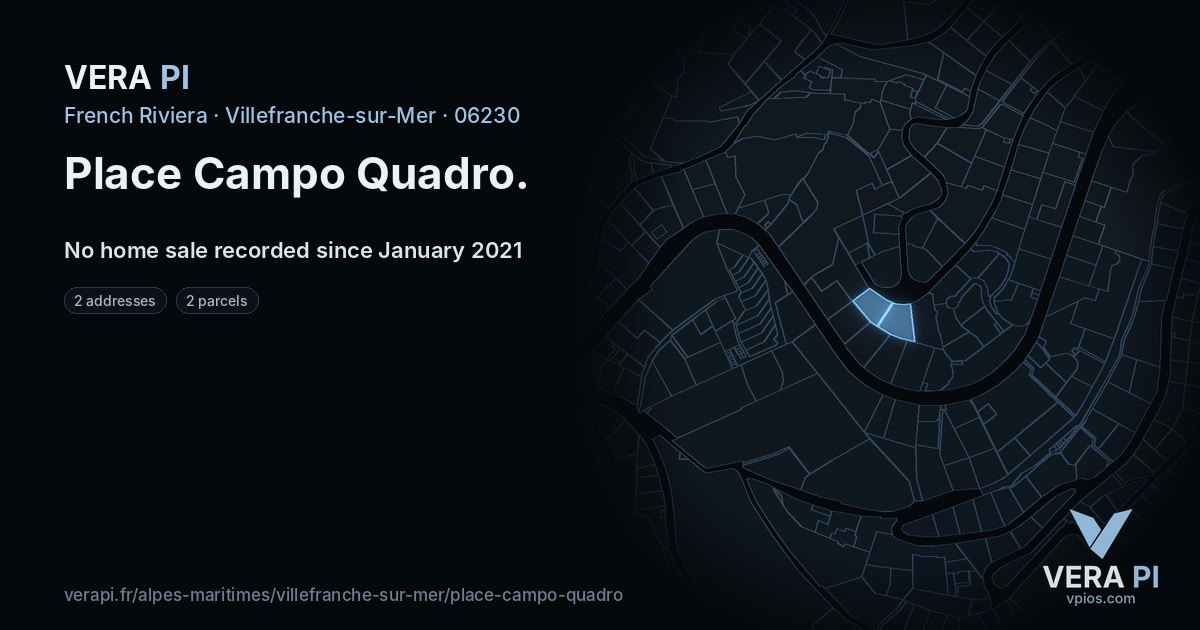 Place Campo Quadro, Villefranche-sur-Mer at night – every parcel coloured by the prices around it, the street's own parcels lit