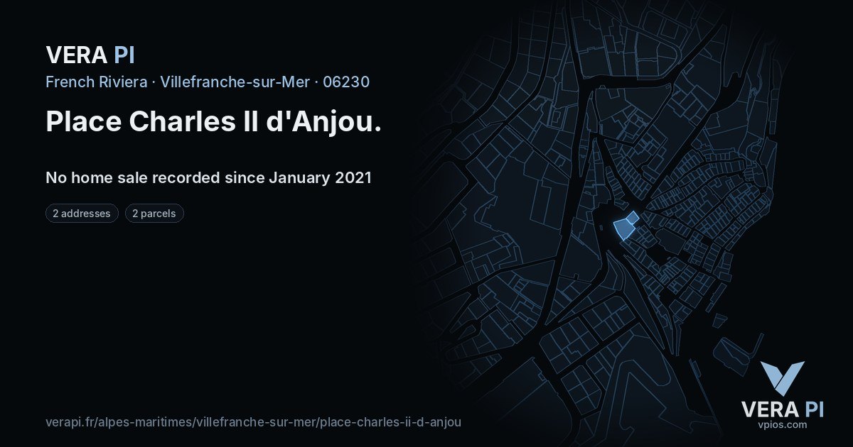 Place Charles II d'Anjou, Villefranche-sur-Mer at night – every parcel coloured by the prices around it, the street's own parcels lit