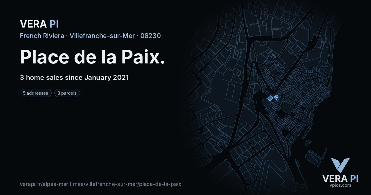 Place de la Paix, Villefranche-sur-Mer at night – every parcel coloured by the prices around it, the street's own parcels lit