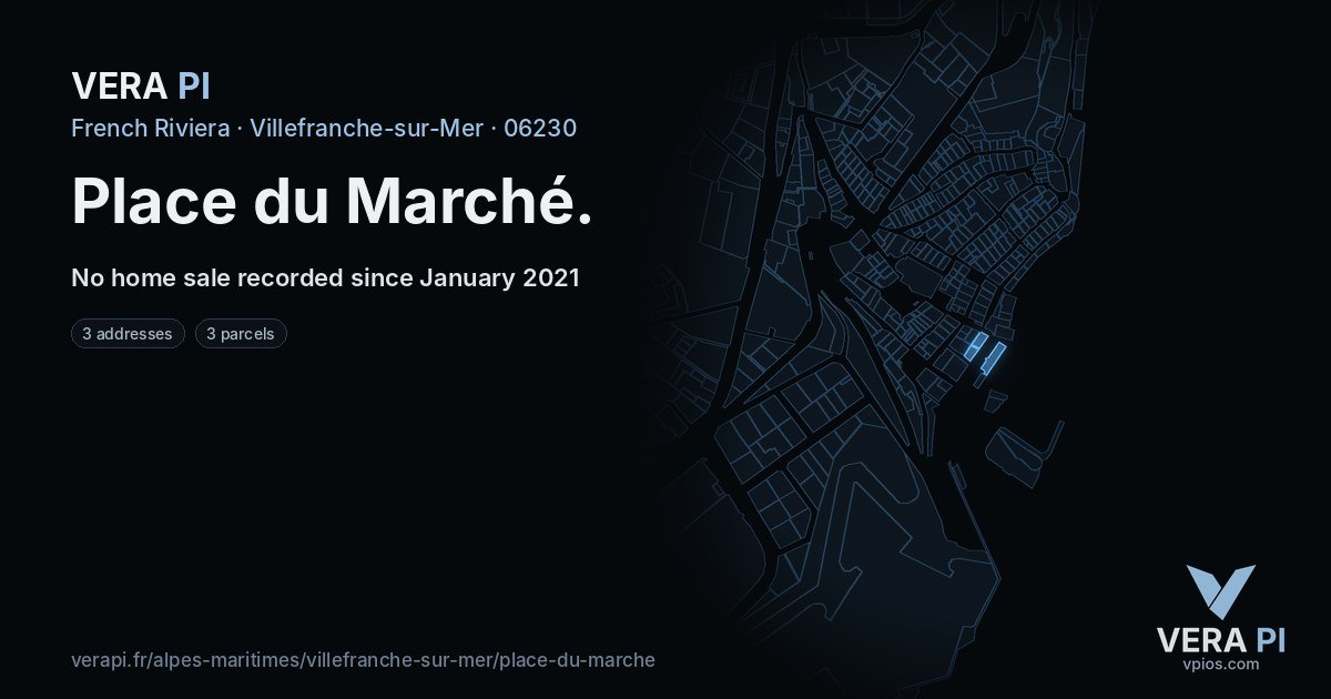 Place du Marché, Villefranche-sur-Mer at night – every parcel coloured by the prices around it, the street's own parcels lit