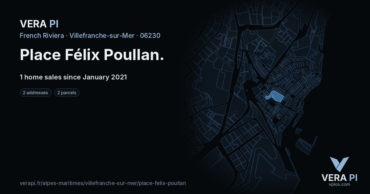 Place Félix Poullan, Villefranche-sur-Mer at night – every parcel coloured by the prices around it, the street's own parcels lit