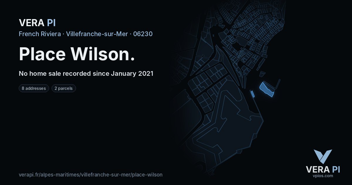 Place Wilson, Villefranche-sur-Mer at night – every parcel coloured by the prices around it, the street's own parcels lit