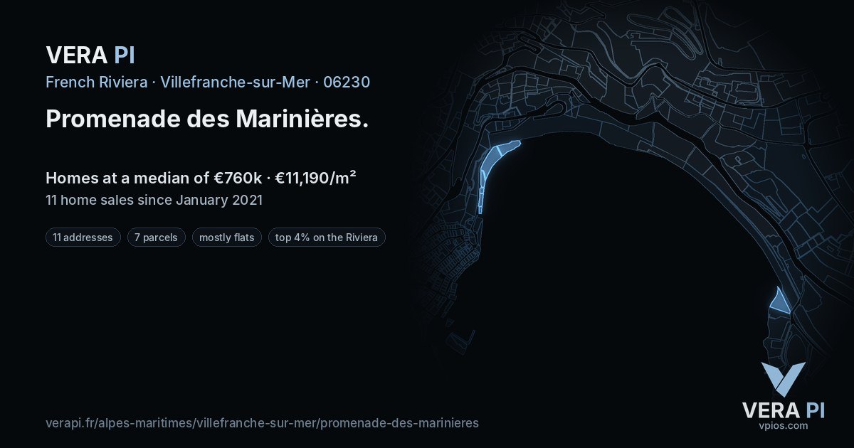 Promenade des Marinières, Villefranche-sur-Mer at night – every parcel coloured by the prices around it, the street's own parcels lit