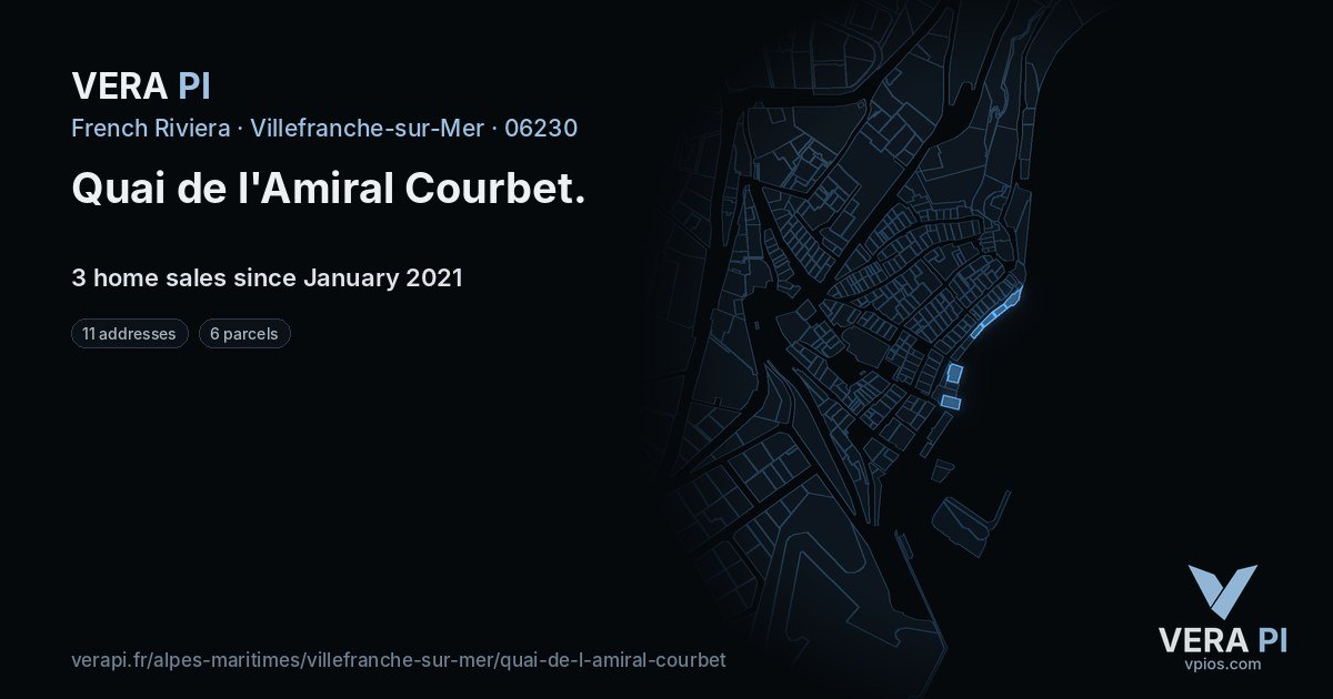 Quai de l'Amiral Courbet, Villefranche-sur-Mer at night – every parcel coloured by the prices around it, the street's own parcels lit
