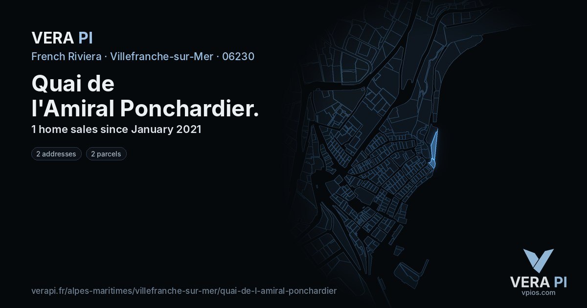 Quai de l'Amiral Ponchardier, Villefranche-sur-Mer at night – every parcel coloured by the prices around it, the street's own parcels lit