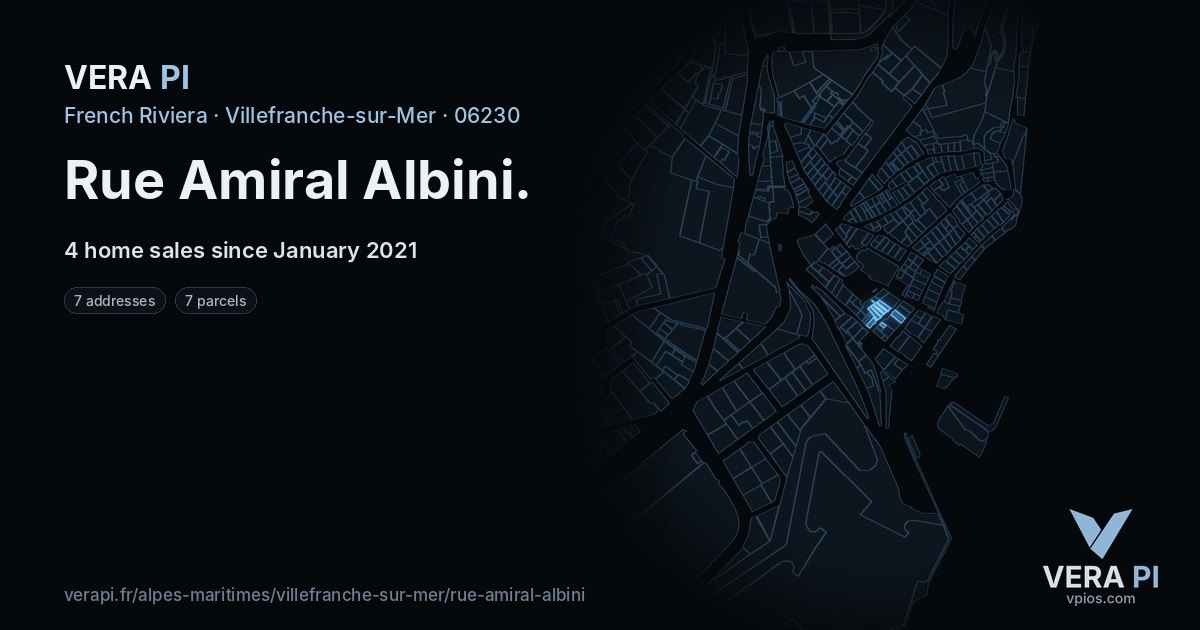 Rue Amiral Albini, Villefranche-sur-Mer at night – every parcel coloured by the prices around it, the street's own parcels lit