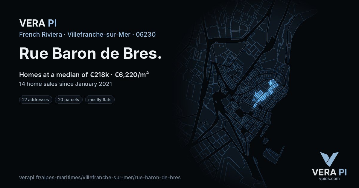 Rue Baron de Bres, Villefranche-sur-Mer at night – every parcel coloured by the prices around it, the street's own parcels lit
