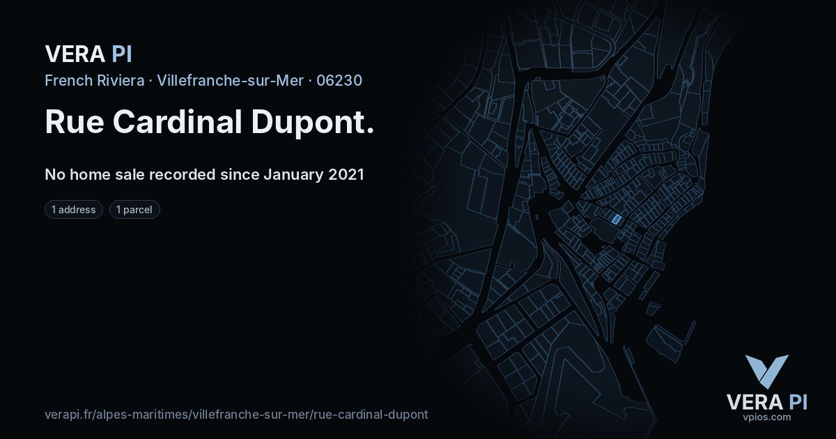 Rue Cardinal Dupont, Villefranche-sur-Mer at night – every parcel coloured by the prices around it, the street's own parcels lit