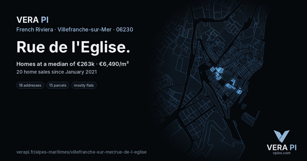 Rue de l'Eglise, Villefranche-sur-Mer at night – every parcel coloured by the prices around it, the street's own parcels lit
