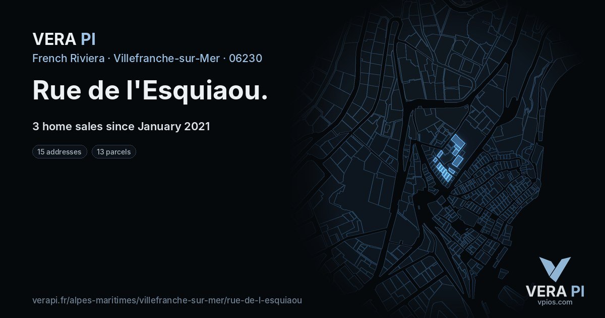 Rue de l'Esquiaou, Villefranche-sur-Mer at night – every parcel coloured by the prices around it, the street's own parcels lit