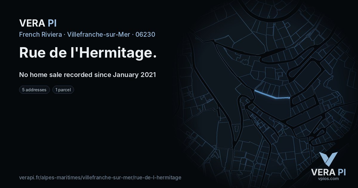 Rue de l'Hermitage, Villefranche-sur-Mer at night – every parcel coloured by the prices around it, the street's own parcels lit