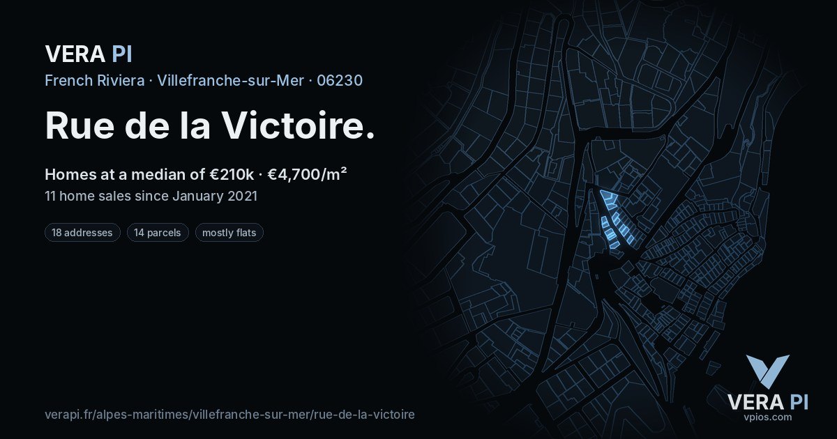 Rue de la Victoire, Villefranche-sur-Mer at night – every parcel coloured by the prices around it, the street's own parcels lit