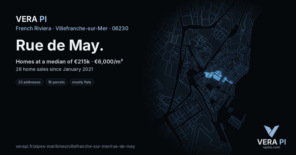Rue de May, Villefranche-sur-Mer at night – every parcel coloured by the prices around it, the street's own parcels lit