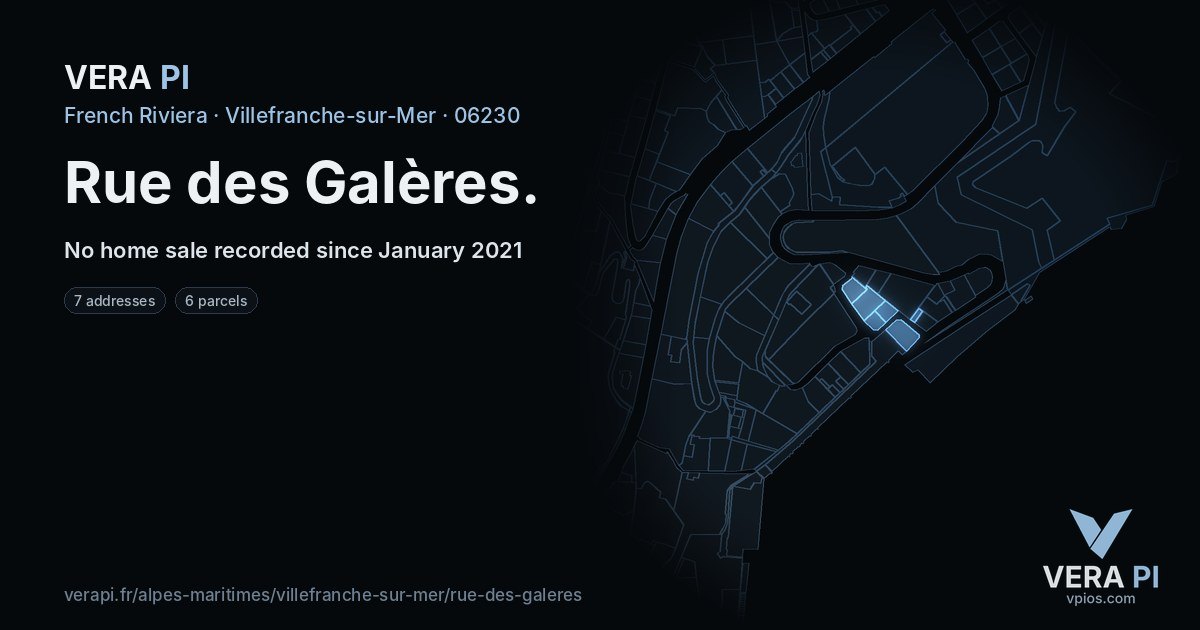 Rue des Galères, Villefranche-sur-Mer at night – every parcel coloured by the prices around it, the street's own parcels lit