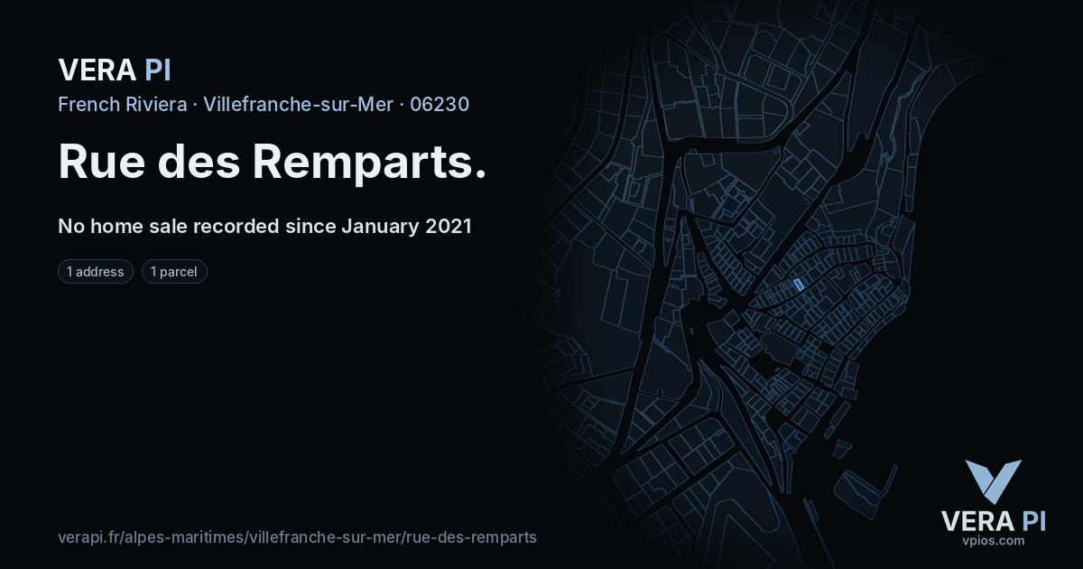 Rue des Remparts, Villefranche-sur-Mer at night – every parcel coloured by the prices around it, the street's own parcels lit