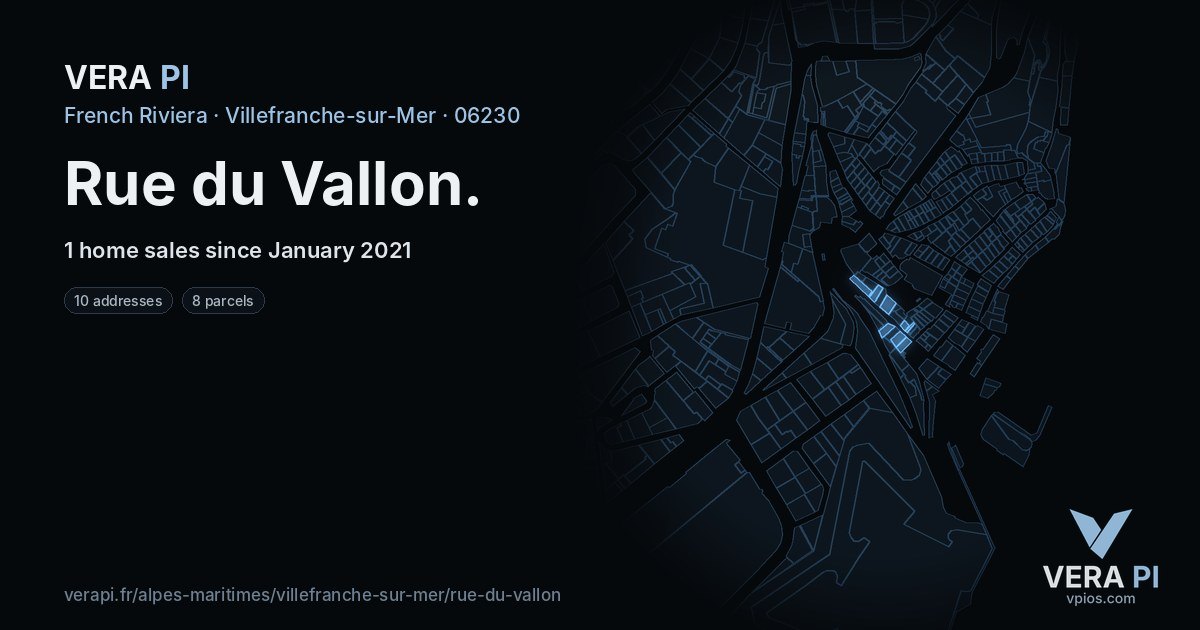 Rue du Vallon, Villefranche-sur-Mer at night – every parcel coloured by the prices around it, the street's own parcels lit