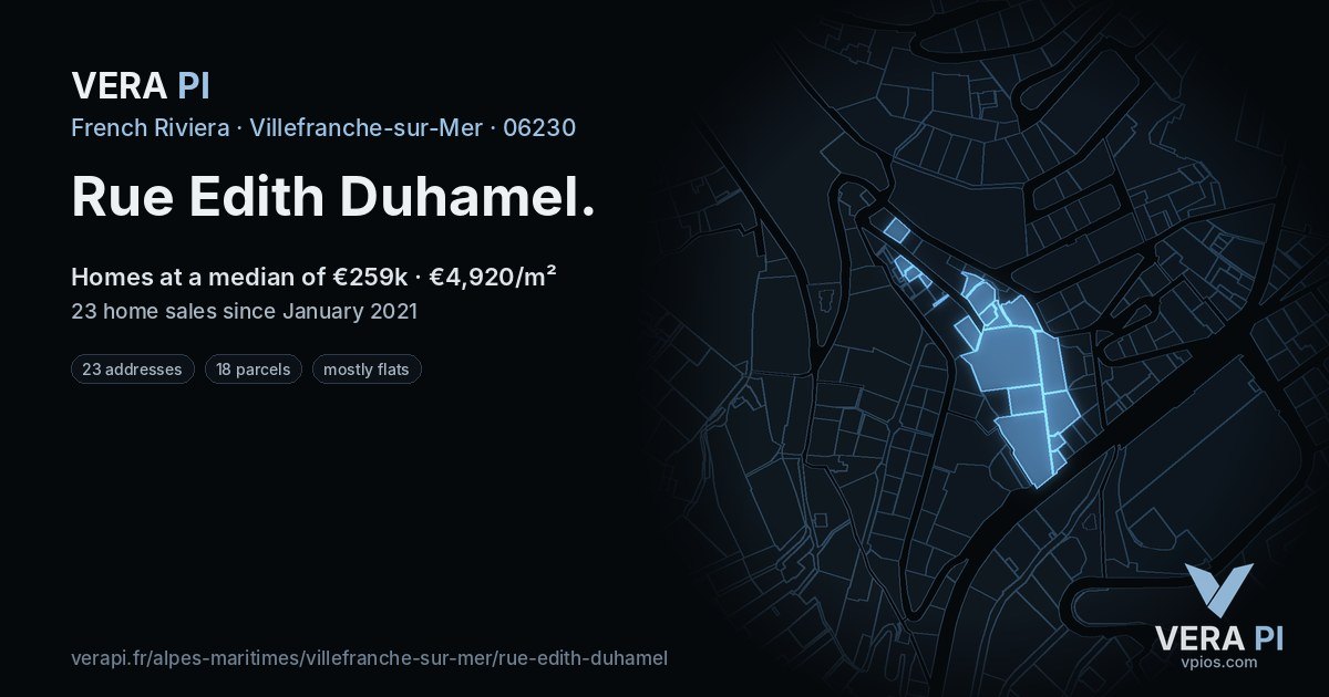 Rue Edith Duhamel, Villefranche-sur-Mer at night – every parcel coloured by the prices around it, the street's own parcels lit