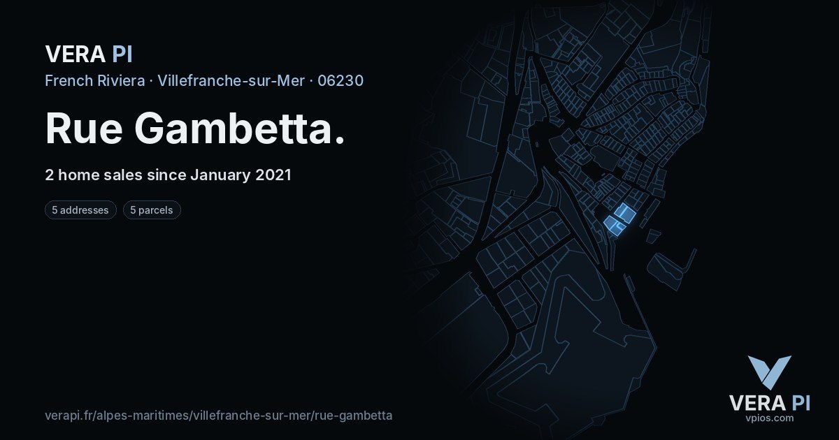Rue Gambetta, Villefranche-sur-Mer at night – every parcel coloured by the prices around it, the street's own parcels lit