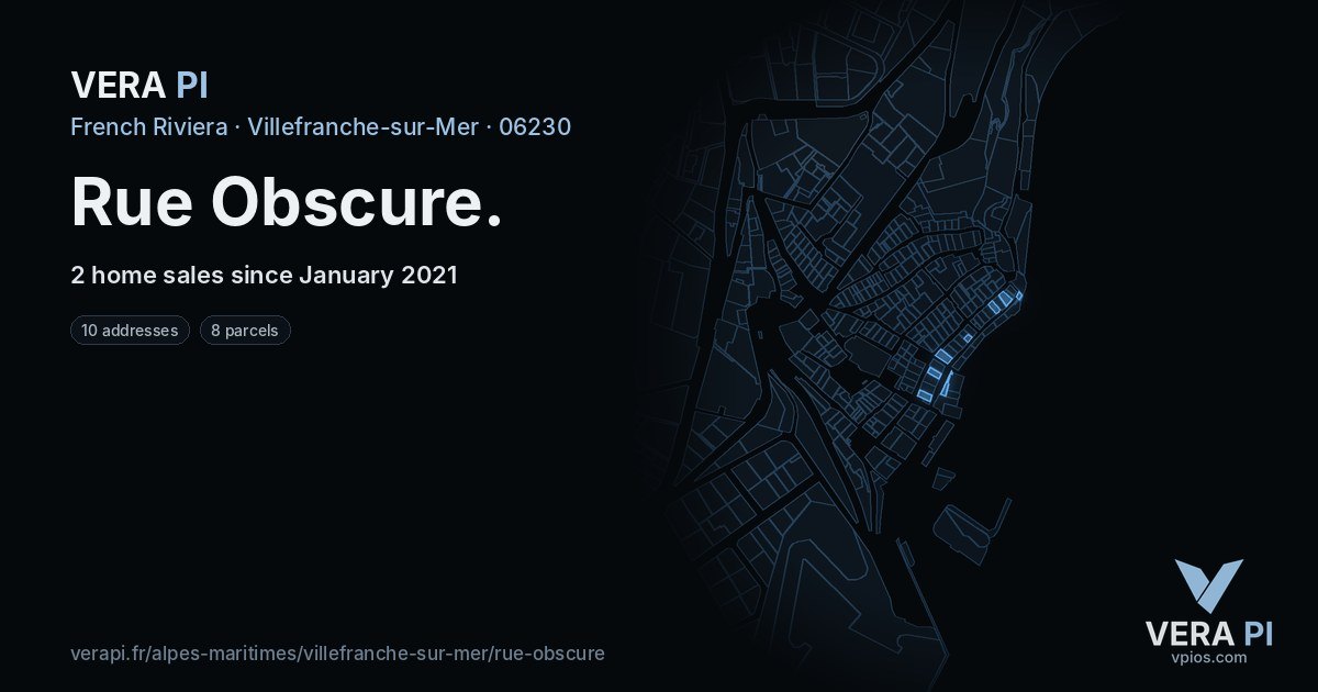 Rue Obscure, Villefranche-sur-Mer at night – every parcel coloured by the prices around it, the street's own parcels lit