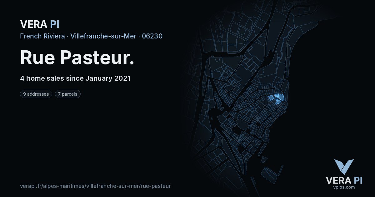 Rue Pasteur, Villefranche-sur-Mer at night – every parcel coloured by the prices around it, the street's own parcels lit
