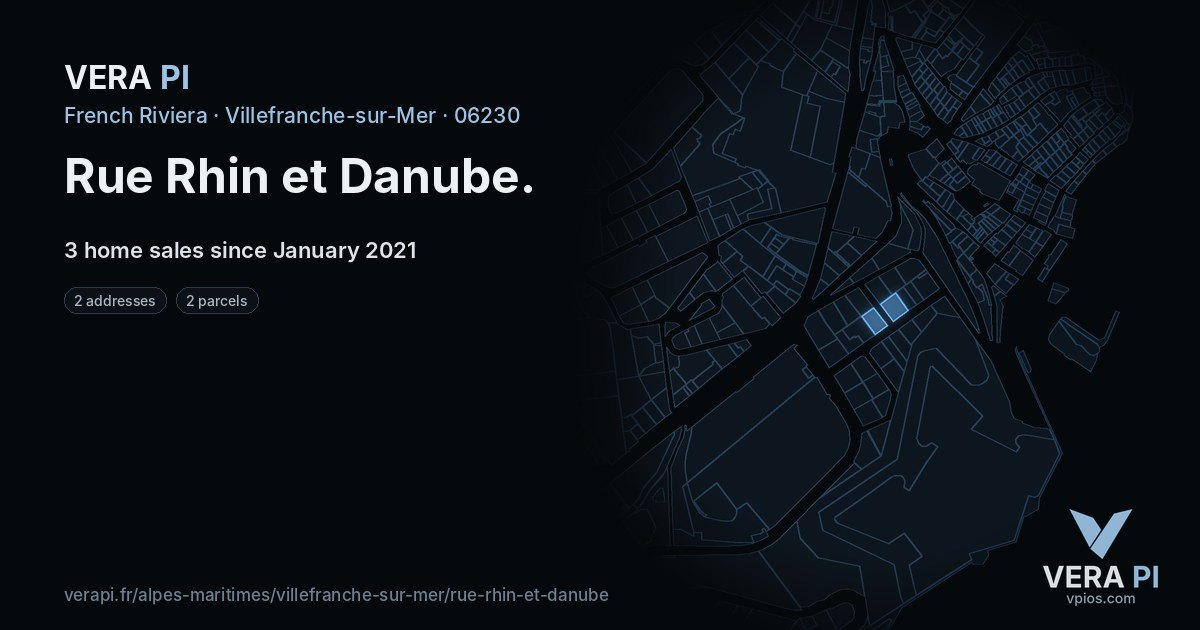 Rue Rhin et Danube, Villefranche-sur-Mer at night – every parcel coloured by the prices around it, the street's own parcels lit