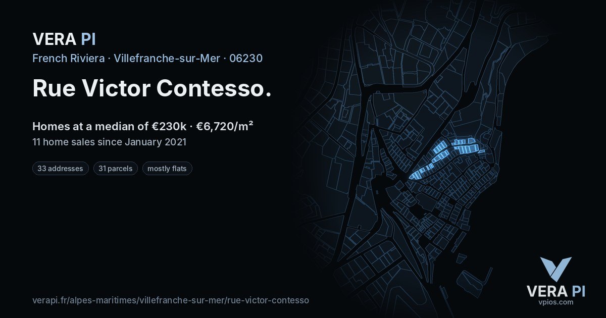 Rue Victor Contesso, Villefranche-sur-Mer at night – every parcel coloured by the prices around it, the street's own parcels lit