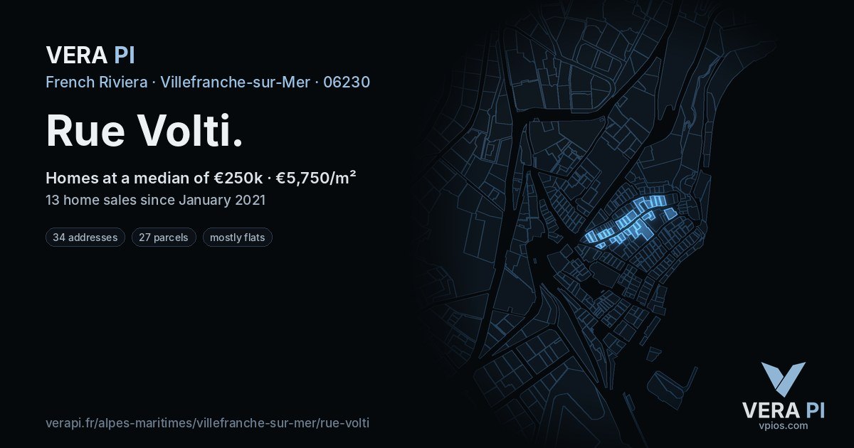 Rue Volti, Villefranche-sur-Mer at night – every parcel coloured by the prices around it, the street's own parcels lit