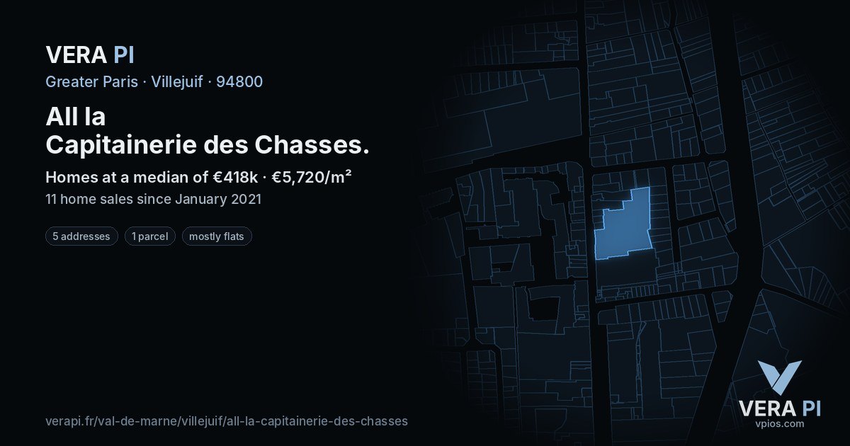 All la Capitainerie des Chasses, Villejuif at night – every parcel coloured by the prices around it, the street's own parcels lit