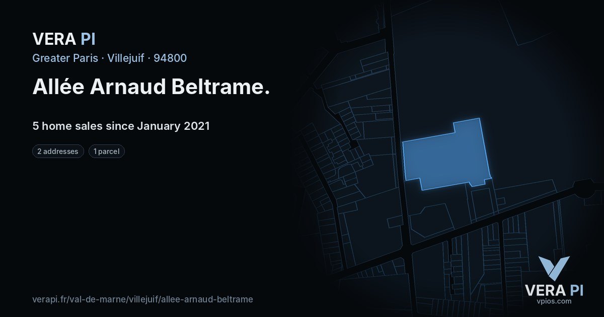 Allée Arnaud Beltrame, Villejuif at night – every parcel coloured by the prices around it, the street's own parcels lit