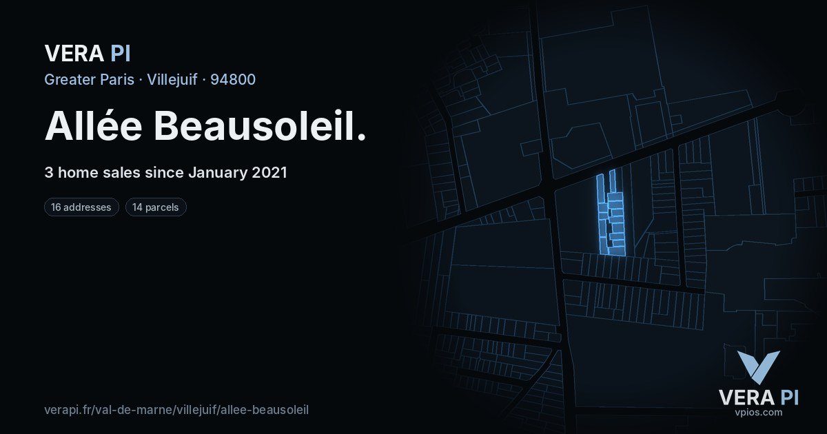 Allée Beausoleil, Villejuif at night – every parcel coloured by the prices around it, the street's own parcels lit