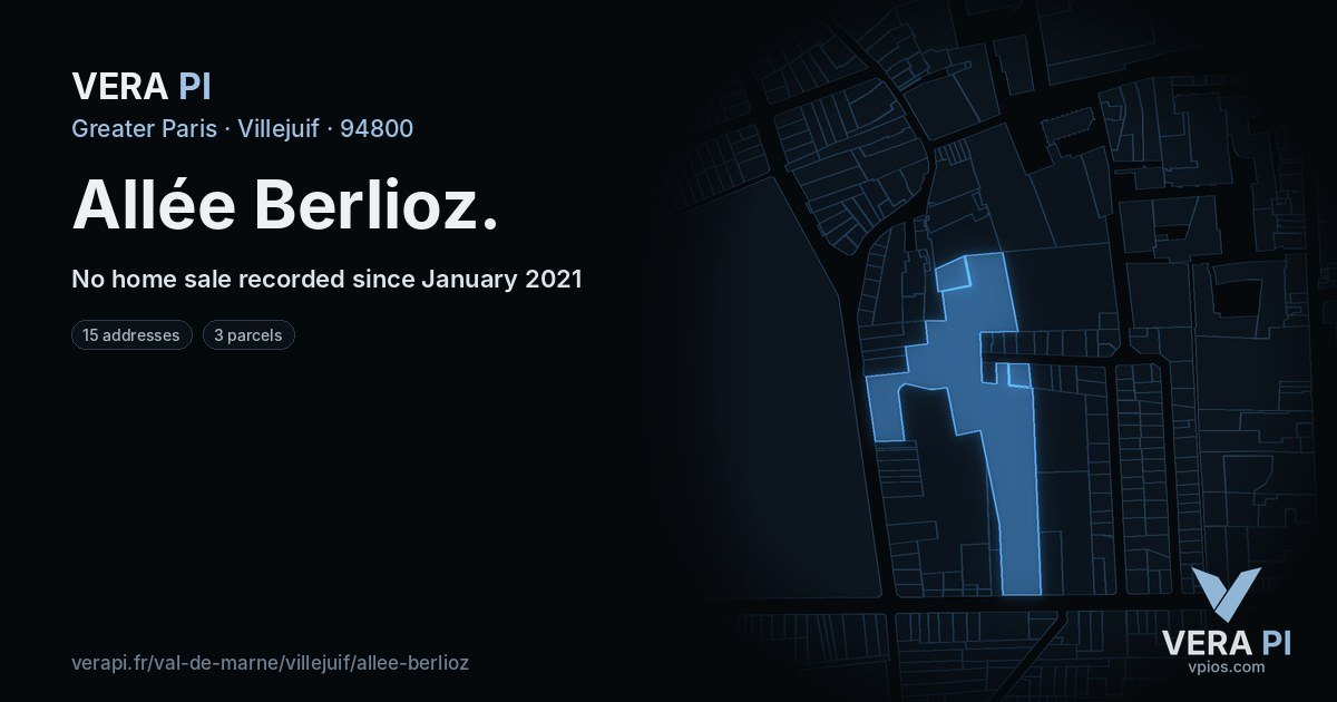 Allée Berlioz, Villejuif at night – every parcel coloured by the prices around it, the street's own parcels lit
