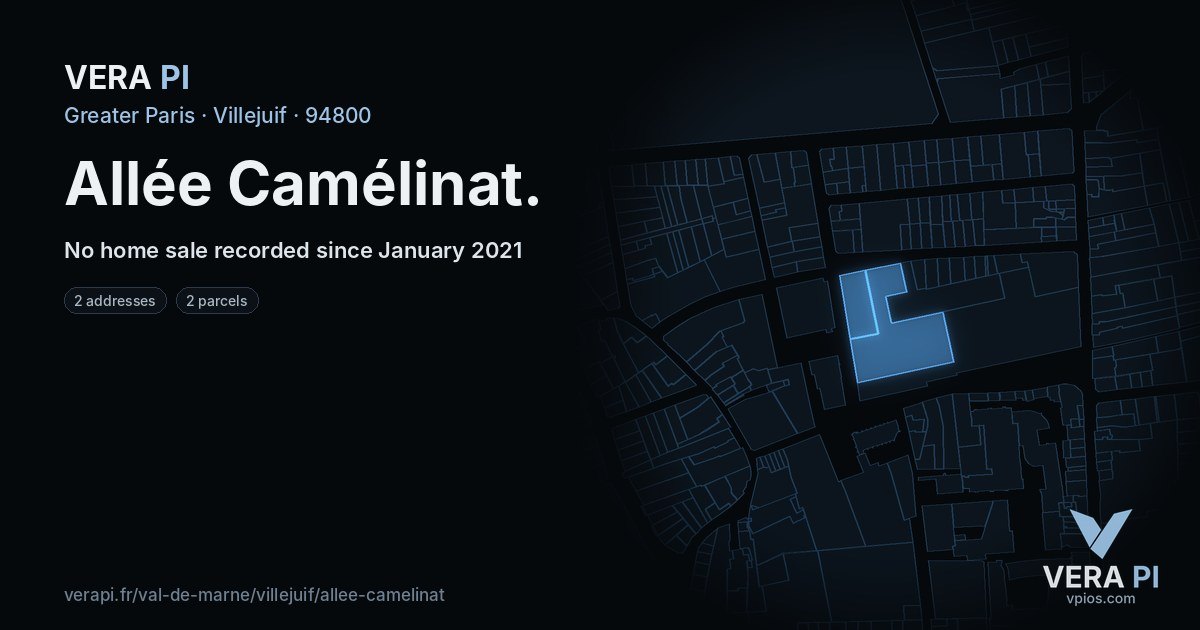 Allée Camélinat, Villejuif at night – every parcel coloured by the prices around it, the street's own parcels lit
