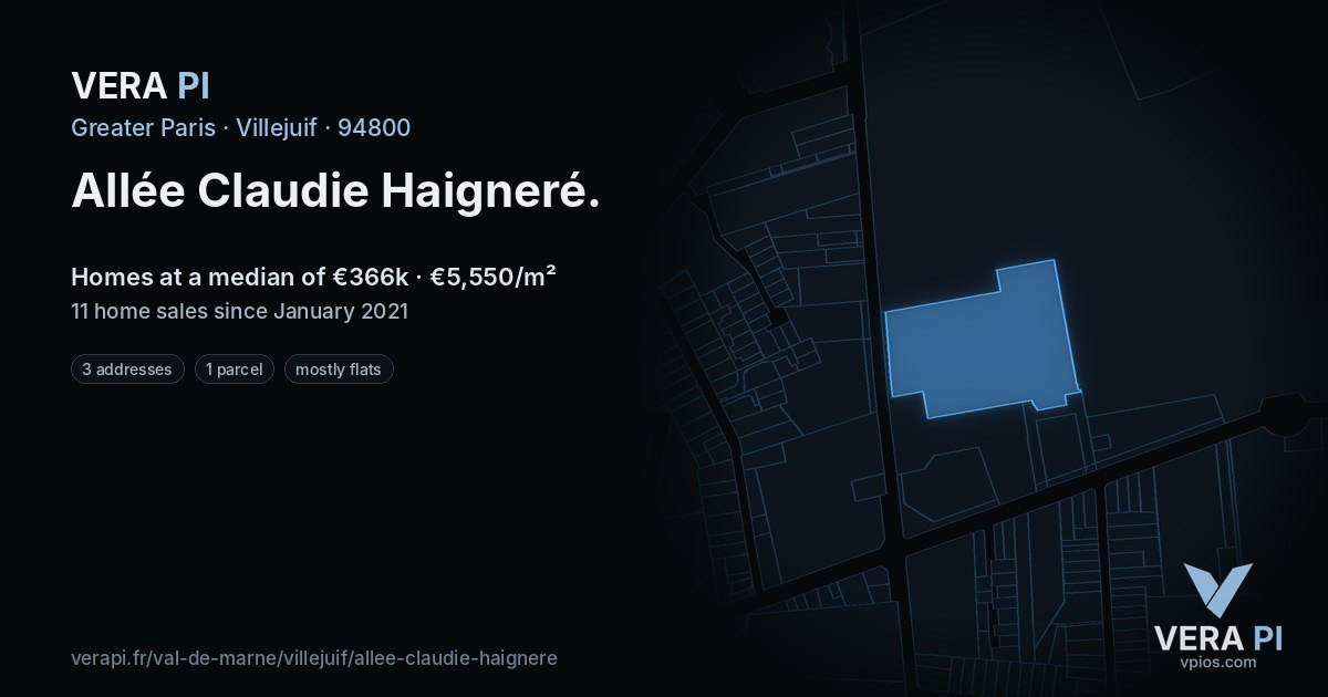 Allée Claudie Haigneré, Villejuif at night – every parcel coloured by the prices around it, the street's own parcels lit
